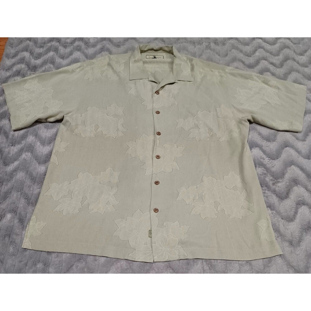 Tommy Bahama Mens Size L Green Floral Short Sleeve 100% Silk Button Up Shirt